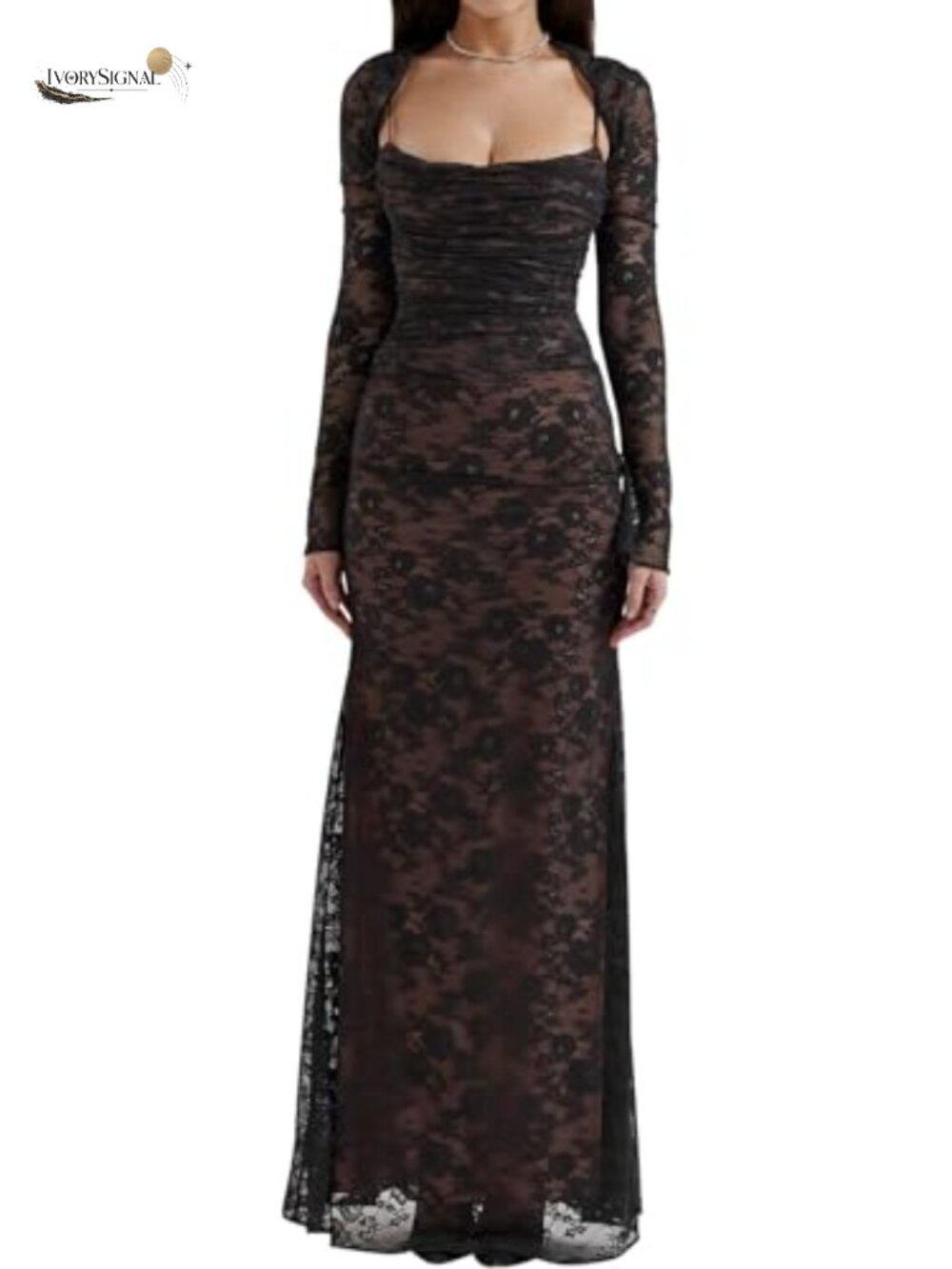 Vintage Cream Lace Maxi Dress Romantic Long Sleeve Bodycon